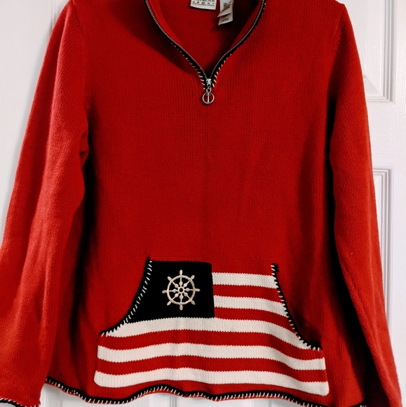 Villager Sport Red Nautical Ship Wheel Sweater with Quarter Zip and Front Pocket - Picture 2 of 7